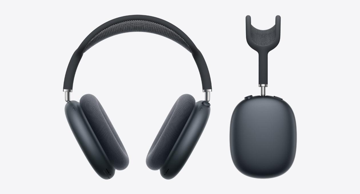 Front and side views of AirPods Max in Midnight.