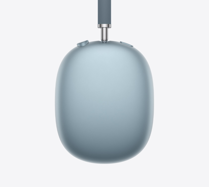 Cuffie AirPods Max 2 blu mostrate di lato, dettagli dell’asta telescopica, del cuscinetto, della Digital Crown e del tasto per il controllo del rumore