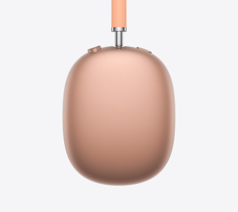 Cuffie AirPods Max 2 arancioni mostrate di lato, dettagli dell’asta telescopica, del cuscinetto, della Digital Crown e del tasto per il controllo del rumore