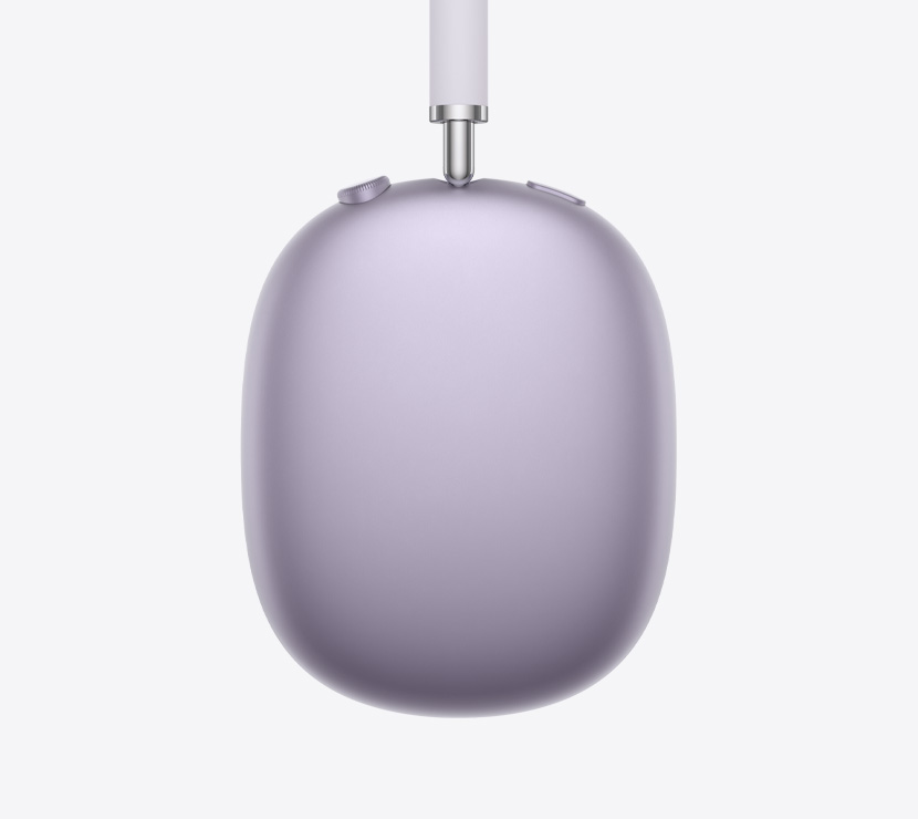 Cuffie AirPods Max 2 viola mostrate di lato, dettagli dell’asta telescopica, del cuscinetto, della Digital Crown e del tasto per il controllo del rumore
