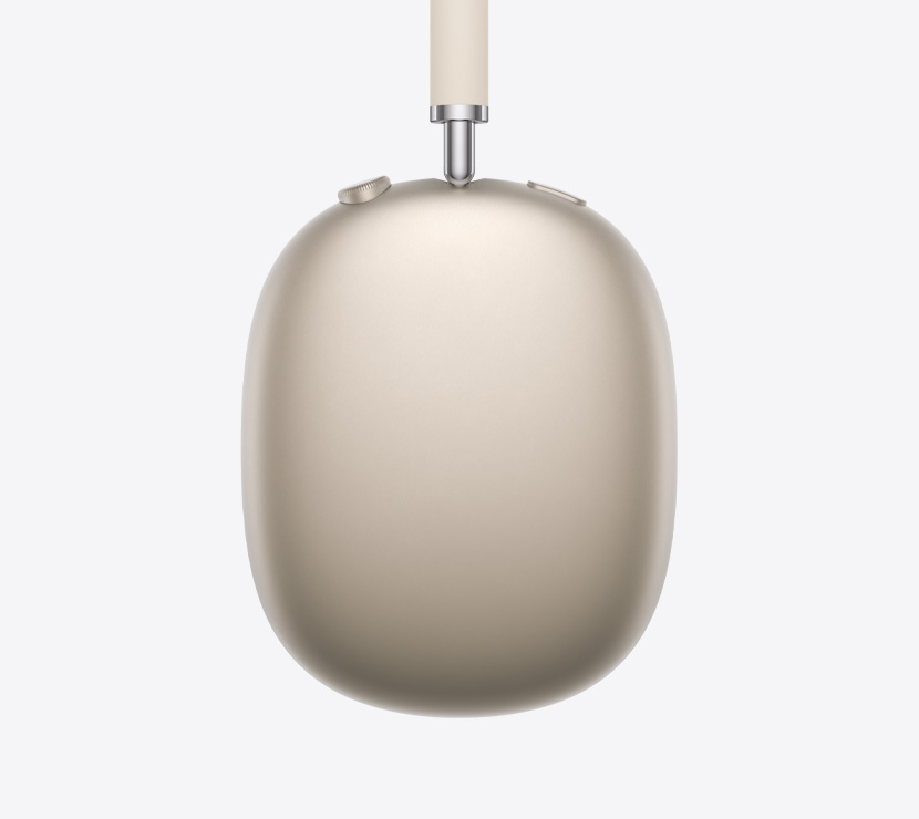 Cuffie AirPods Max 2 color galassia mostrate di lato, dettagli dell’asta telescopica, del cuscinetto, della Digital Crown e del tasto per il controllo del rumore