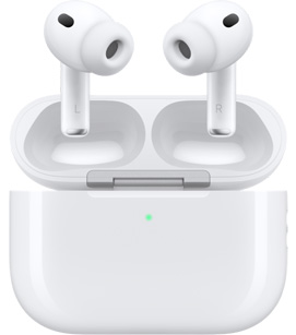 AirPods Pro 3 bianchi nella custodia di ricarica con il coperchio aperto, mostrati di fronte