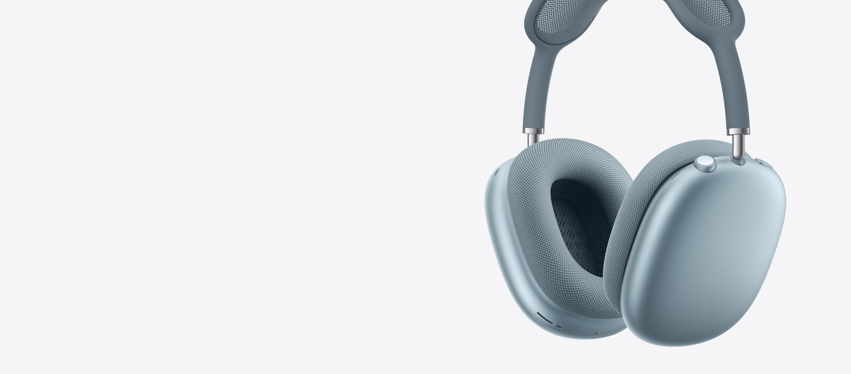 Un paio di cuffie AirPods Max 2 blu mostrate di lato, si notano l’interno e l’esterno dei cuscinetti e la Digital Crown