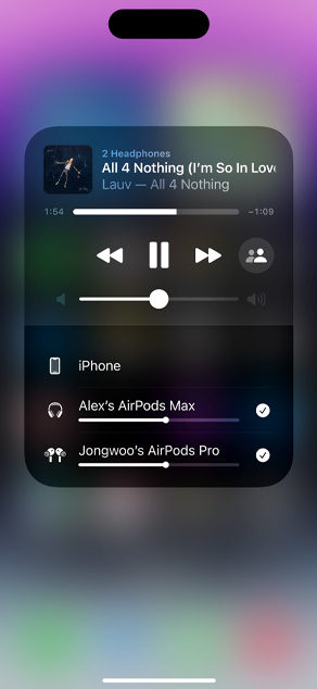 iPhone screen displays two sets of AirPods listening to 'All for Nothing (I'm So in Love)' by Lauv.