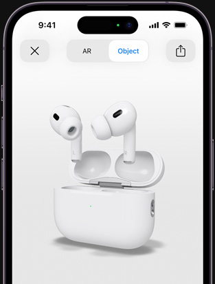 An iPhone screen shows augmented reality rendering of AirPods Pro.