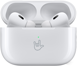 AIRPODS Pro en estuche de carga junto al iPhone, el iPhone está conectado a dos conjuntos de AirPods, cada uno con control de volumen individual