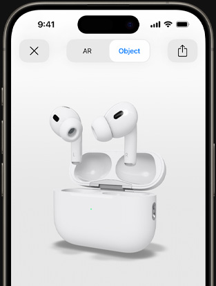 An iPhone screen shows augmented reality rendering of AirPods Pro.
