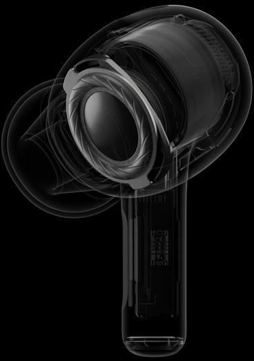 X-ray perspective inside AirPods Pro highlighting custom-built driver and amplifier located near speaker on earbud.