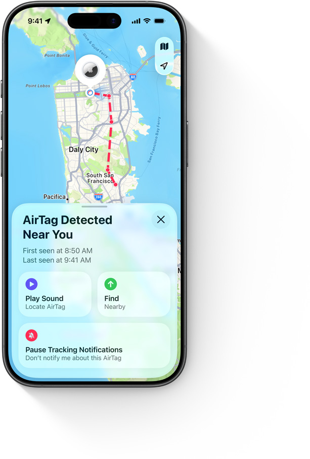 iPhone screen, Find My app, city map and text alert: AirTag Detected Near You.