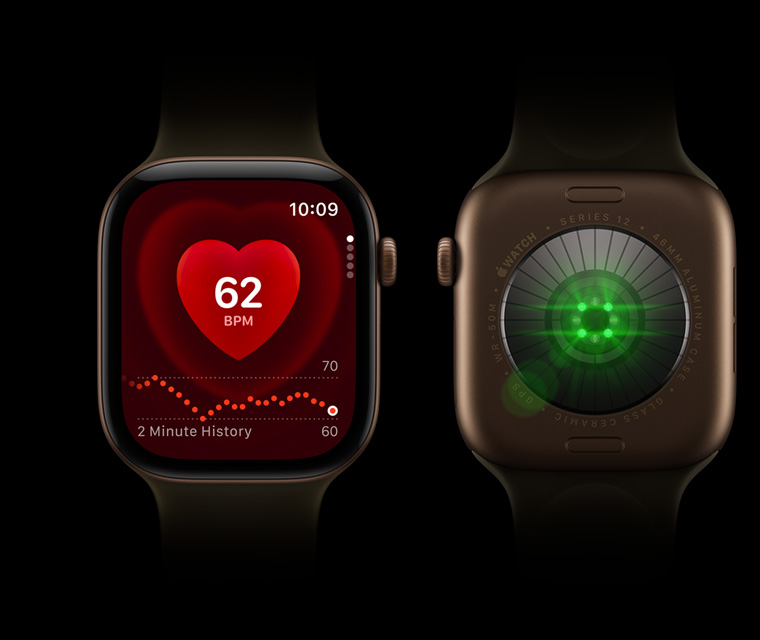 Two Apple Watch Series 12 side by side, one showing the Heart Rate app and one from the back