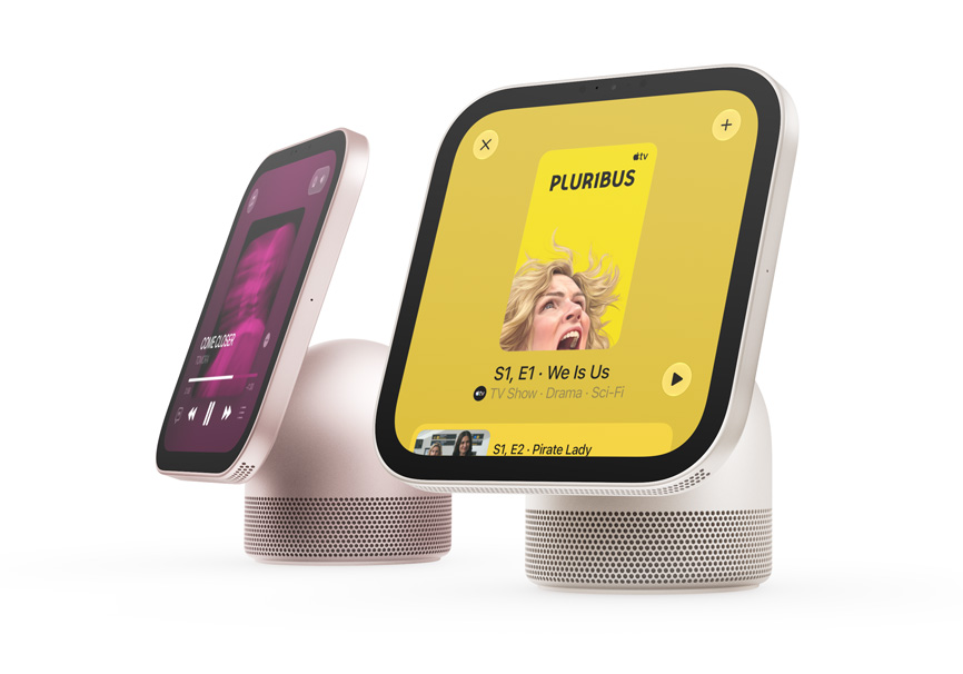 Apple HomeView, two devices: from left to right, rose pink color, displaying Music app album artwork, starlight color (pale gold), showing artwork from the Apple TV series Pluribus