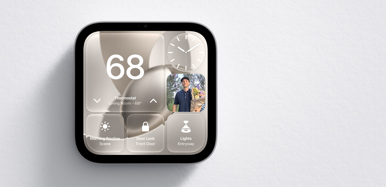 Apple HomeView, screen shows Home app with thermostat at 68 degrees, clock, front door camera feed, Morning Routine scene, door lock, and light controls