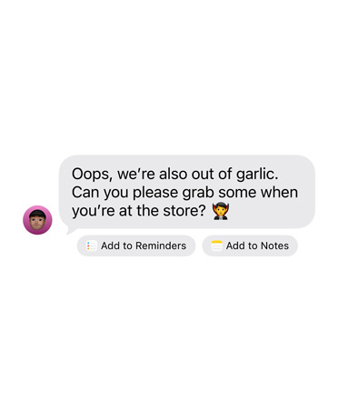 رسالة iMessage واردة يظهر تحتها زرّان لإجراءين مقترحين هما: إضافة إلى التذكيرات وإضافة إلى الملاحظات