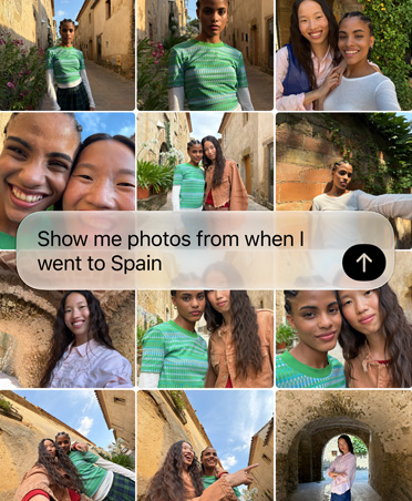 لقطات مركبة لرحلة، تعرض صوراً لعدة أشخاص في أماكن مختلفة. يظهر نص يقول: أرني صور زيارتي الأخيرة إلى إسبانيا.
