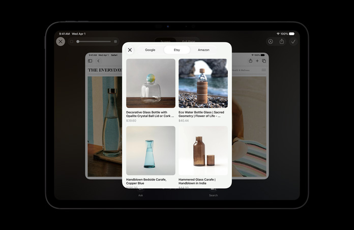 جهاز iPad Pro مقاس 11 إنش، لون أسود فلكي، شاشة تعرض صورة لبعض المنتجات نتيجة طلب استعلام على الشاشة موجّه إلى الذكاء المرئي حول القناني الزجاجية، عرض زر اسأل وزر بحث الصور أسفل الصور