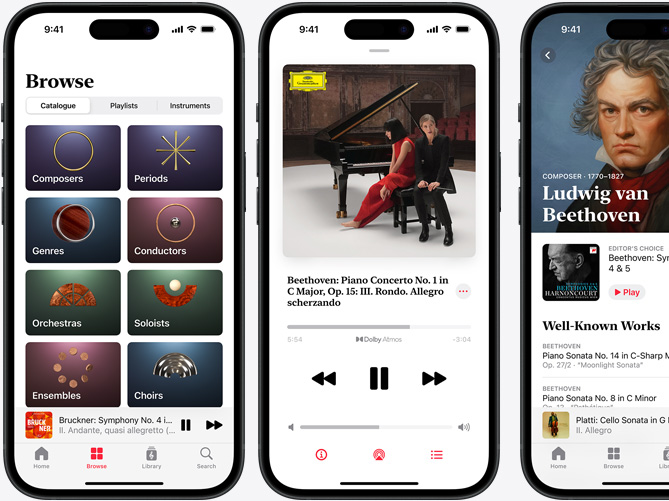 iPhone on left showing Apple Music Classical Browse tab with the Catalog tab selected with Composers, Periods, Genres, Conductors, Orchestras, Soloists, Ensembles, and Choirs categories; iPhone in middle showing Beethoven's Piano Concerto No. 1 in C Major, Op. 15: III. Rondo. Allegro scherzando playing in Dolby Atmos; iPhone on right showing Ludwig van Beethoven's Composer page