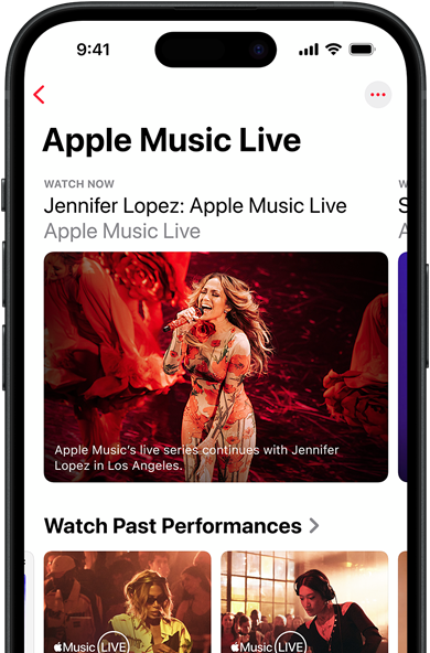 Apple Music Live screen on iPhone showing Watch Now, past performances, and exclusive content like Apple Music 100 Best Albums