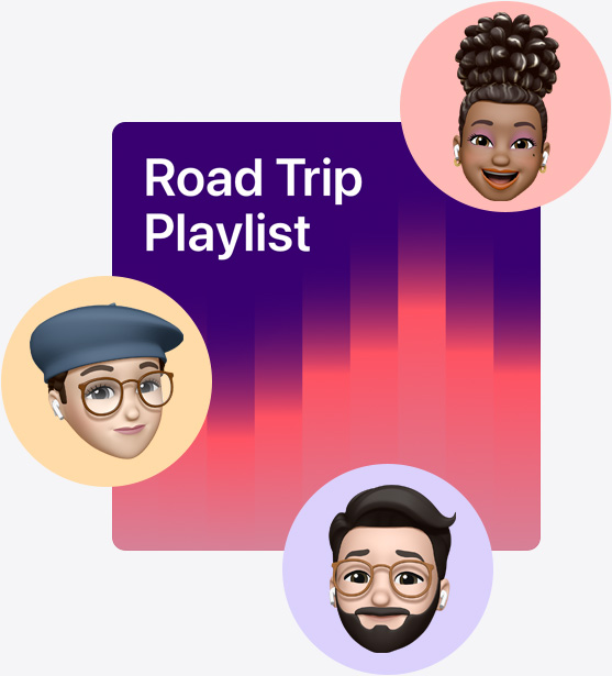 Cover art from a collaborative playlist called Road Trip Playlist surrounded by memojis