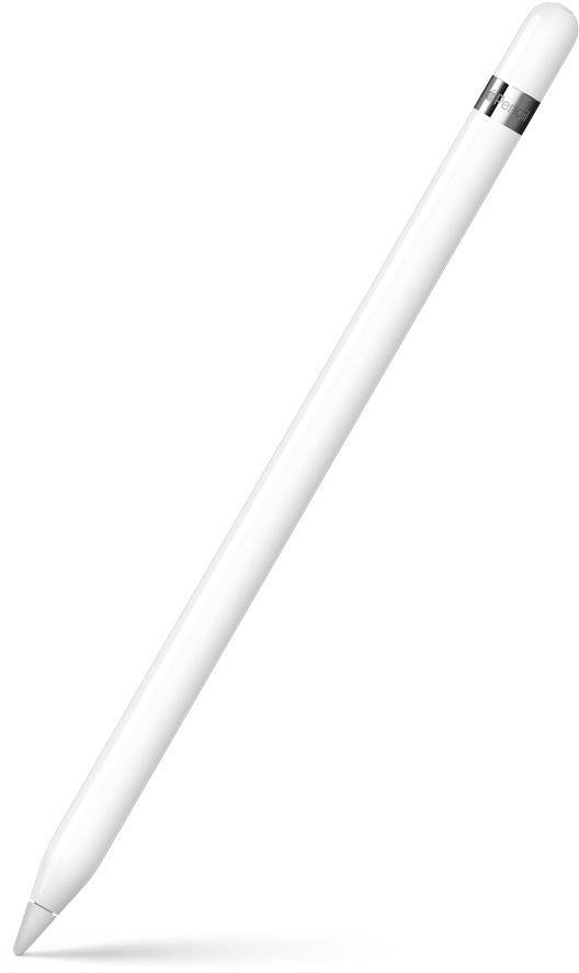 1. paaudzes Apple Pencil vertikāli ieslīpā novietojumā ar lejup vērstu rakstāmgalu. Augšā redzams sudraba gredzens ar produkta nosaukumu. Lejā attēlots ēnojuma efekts.
