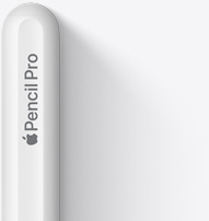 Apple Pencil Pro augšdaļa ar noapaļotu galu, Apple logotipu un nosaukumu Pencil Pro.