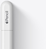 Верхню частину Apple Pencil USB-C зображено із закругленим кінчиком, логотипом Apple і написом Pencil. На кінчику зображено лінію, яка позначає місце, де кришка відкривається, щоб забезпечити підключення до кабелю USB-C.