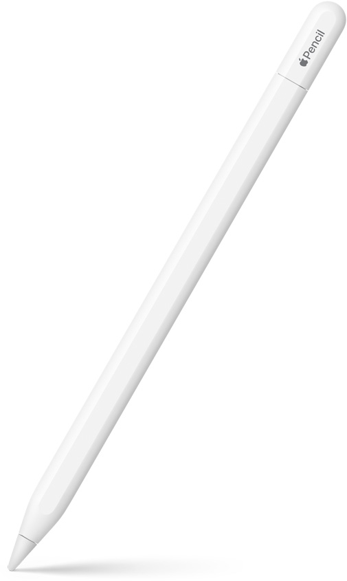 Apple Pencil USB-C în poziție verticală, într-un unghi în care vârful este îndreptat în jos. Partea de sus este curbată și arată unde se deschide pentru a conecta un cablu USB-C. Un logo Apple și numele produsului sunt afișate în partea de sus. În partea de jos se observă un efect de umbră.