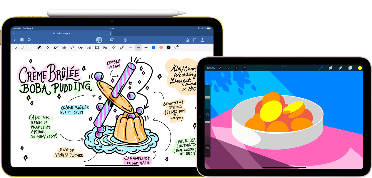 Kreisajā pusē horizontāla novietojuma iPad (10. paaudzes) ar piezīmēm un zīmējumu un augšpusē piestiprinātu Apple Pencil USB-C. Labajā pusē horizontāla novietojuma iPad mini ar krāsainu, Procreate aplikācijā izveidotu ilustrāciju.