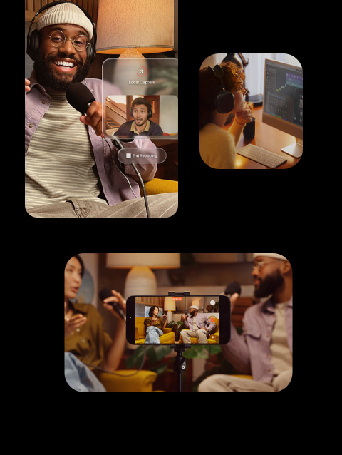 Trois images montrant des personnes qui enregistrent des podcasts, en haut à gauche, une personne souriante portant un casque et tenant un micro, une deuxième personne apparaît sur un écran d’enregistrement, en haut à droite, une personne portant un casque retouche le son d’un podcast dans l’app Logic Pro, en dessous, un iPhone, face avant, sur un trépied, filmant deux personnes qui enregistrent un podcast, assises face à face sur des sièges orange, dans une pièce à l’éclairage chaleureux.