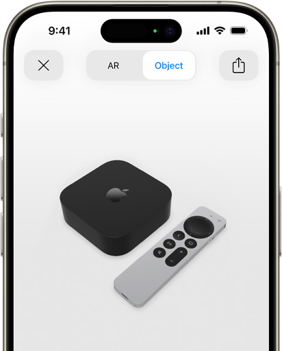 L’image présente l’Apple TV 4K en réalité augmentée sur l’écran d’un iPhone.