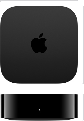 Apple TV 4K, top exterior, centred Apple logo, front exterior, status light