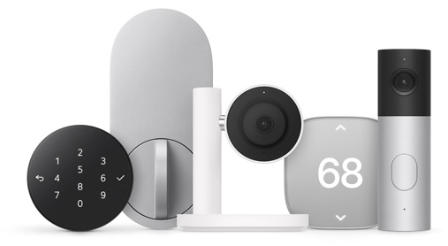 Smart home accessories: keypad door lock, deadbolt lock, camera on stand, thermostat, video doorbell