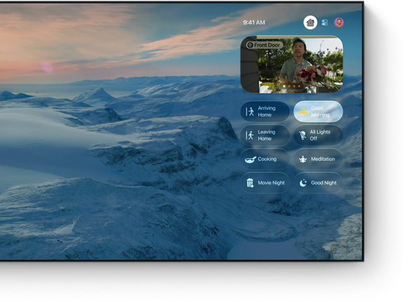 TV screen showing Control Center over snowy mountain landscape, Front Door camera panel with a person holding flowers, scene buttons: Arriving Home, Good Morning, Leaving Home, All Lights Off, Cooking, Meditation, Movie Night, Good Night