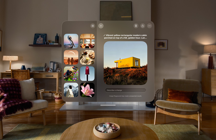 Apple Vision Pro Image Playground screen floating in room and creating an image of a yellow cabin