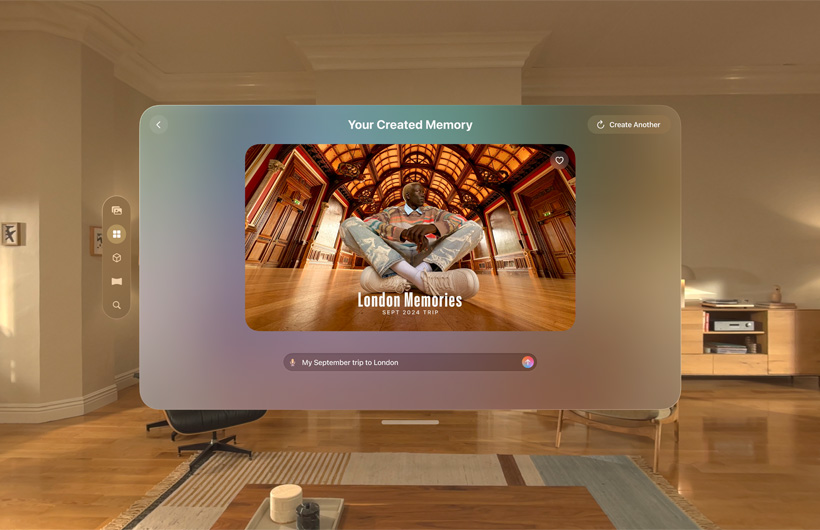 A person in a photograph sitting on the floor in a light-filled, wood-paneled room, the words London Memories September 2024 trip shown over the photograph, interface of the memory movie experience in the Photos app of Apple Vision Pro around the photograph and words