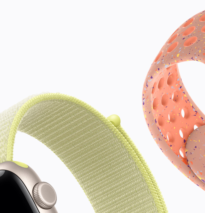 Apple Watch SE 3 z kopertą z aluminium w kolorze księżycowej poświaty, opaska sportowa w kolorze neonowym żółtym, pasek sportowy Nike w kolorze alpejskiego różu