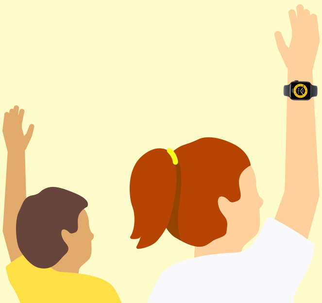 Ilustracja przedstawiająca dziecko z Apple Watch SE 3, zgłaszające się w szkole