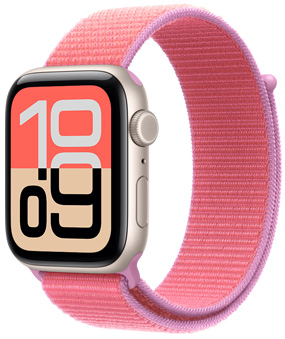 Apple Watch SE 3 z aluminiową kopertą w kolorze księżycowej poświaty o matowym wykończeniu, wyświetlacz sięgający krawędzi, zaokrąglone rogi, prawy bok, pokrętło Digital Crown, mikrofon, przycisk boczny, tarcza Flux (cyfry zegara 10 09), zestawiony z opaską sportową w kolorze jasnej guawy (gorący róż z krawędziami w kolorze lawendy), dwuwarstwowa tkanina nylonowa z zapięciem na rzep