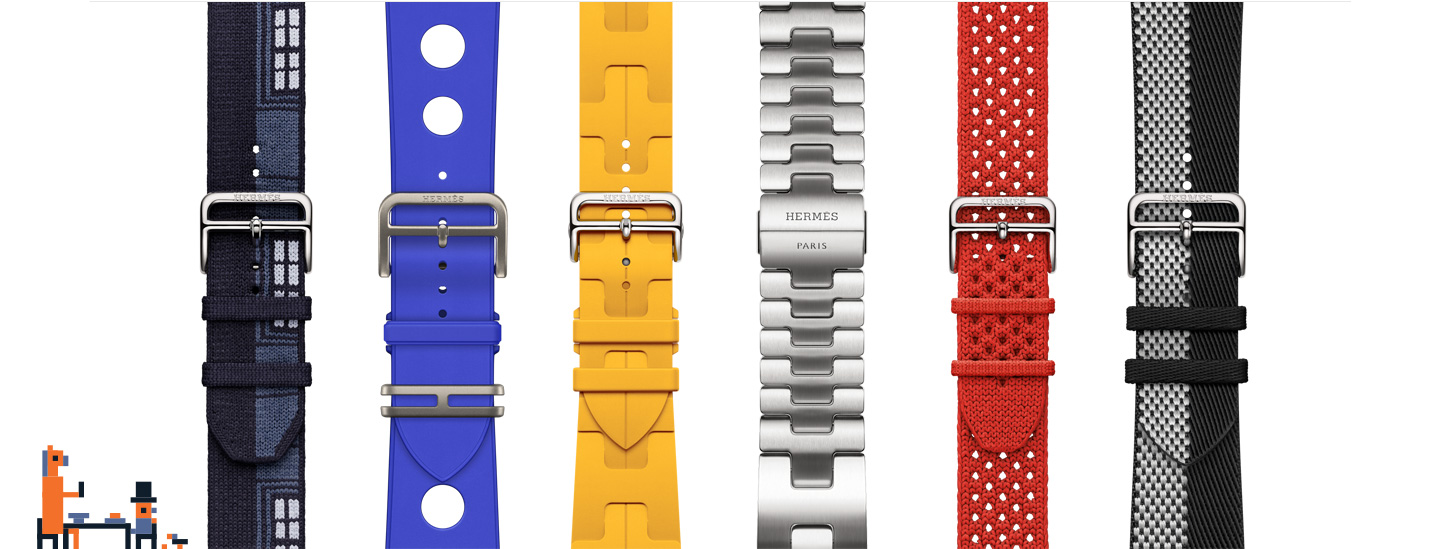 Ilustración en pixel art de una persona y un caballo compartiendo mesa, correas de Hermès para el Apple Watch disponibles en varios estilos y colores