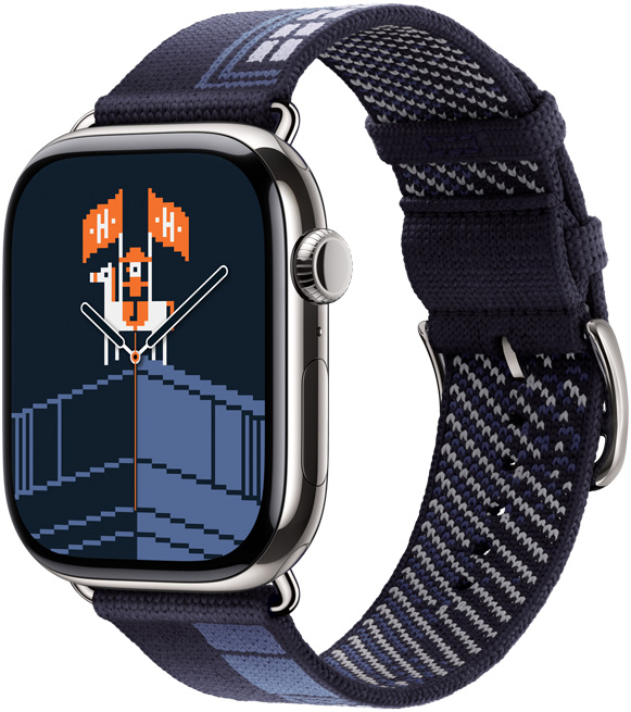 Apple Watch Hermès Series 11, caja de titanio, color plata, correa Faubourg Party y esfera Fiesta en Hermès Faubourg