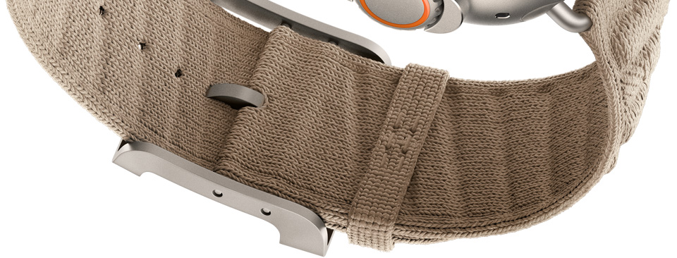Apple Watch Hermès Ultra 4 En Mer strap, Argile colour (tan), underside of clasp detail, textured knit material