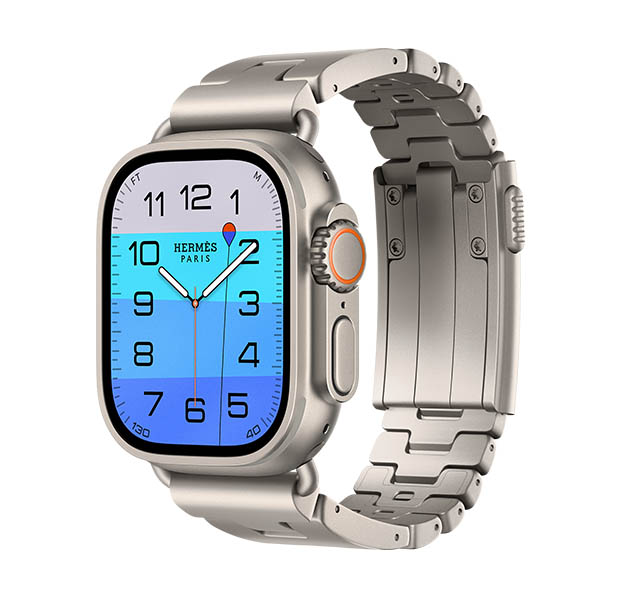 Apple Watch Hermès Ultra 4, Fathom and Wonder analogue watch face (hour, minute and second hands, Depth complication, with a diver swimming downwards through a sea with a gradient from light to dark blue), titanium case, natural colour, right side exterior, Digital Crown, raised side button, paired with Grand H Titane strap, Gris Titane colour