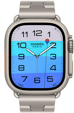Apple Watch Hermès Ultra 4, Fathom and Wonder analogue watch face (hour, minute and second hands, Depth complication, with an orange buoy floating on top of a turquoise ocean with a gradient from light to dark blue), titanium case, natural colour, right side exterior, Digital Crown, raised side button, paired with Grand H Titane strap, Gris Titane colour