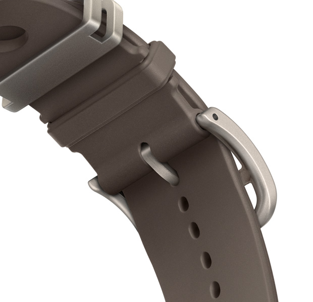 Apple Watch Hermès Ultra 4 Scub’H Diving strap, Gris Titane colour (grey), underside of clasp detail, smooth moulded rubber material, circular cutouts centred