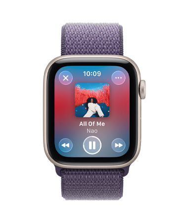 Apple Watch SE 3, boîtier en aluminium, lumière stellaire, lecture multimédia, Apple Music, côté droit, Digital Crown, bracelet, Boucle Sport, brume violette