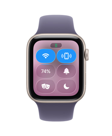 Apple Watch SE 3, boîtier en aluminium, lumière stellaire, centre de contrôle, icône Faire sonner, côté droit, Digital Crown, Bracelet Sport, brume violette