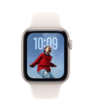 Apple Watch SE 3, boîtier en aluminium, lumière stellaire, suggestion Défilement intelligent, suggestion exercice Course en plein air, côté droit, Digital Crown, Bracelet Sport, lumière stellaire