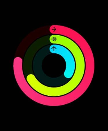 アクティビティリングのイラスト。レッド、ライムグリーン、ライトブルーのリングが円形に並んでおり、それぞれが完全な円になるまでの様々な段階にある