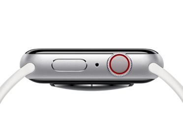 シルバーのApple Watch。右側面の外観にはサイドボタン、マイクの穴、Digital Crownが見えている
