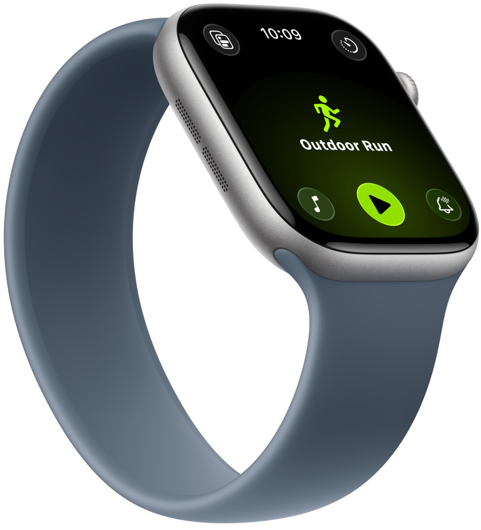 Apple Watch Series 11, boîtier en aluminium, gris sidéral, exercice Course en plein air, commandes Apple Music au bas de l’écran, Boucle unique, bleu maritime