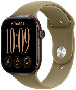 Apple Watch Series 12, kast van aluminium, kleur donkerbrons, wijzerplaat Modulair, complicaties: dag en datum, Work-outs, hartslag, Gereedheid, rechterkant, Digital Crown, zijknop, sportbandje, kleur olijfgroen